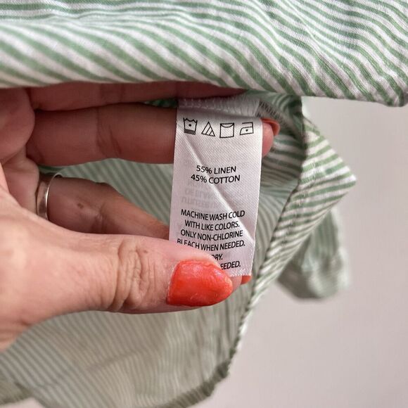 Saks Fifth Ave Green Linen Blend Popover Shirt M Striped Classic Collared Preppy - Picture 3 of 10